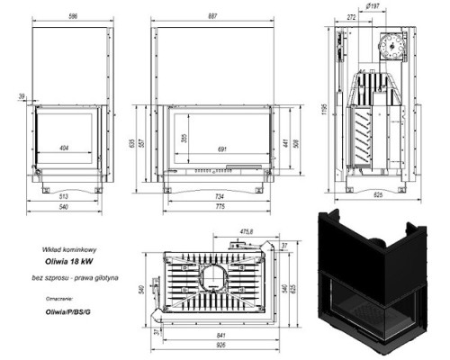 Топка OLIWIA/P/BS/G, Г-образное стекло справа, гильотина Kratki (Польша)