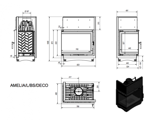 Топка AMELIA/L/BS/DECO, Г-образное стекло слева Kratki (Польша)