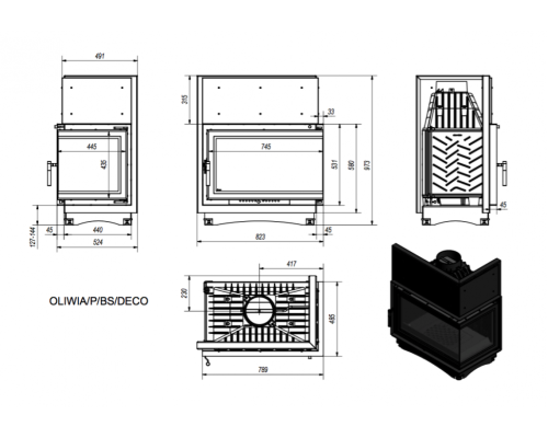 Топка OLIWIA/P/BS/DECO, Г-образное стекло справа Kratki (Польша)