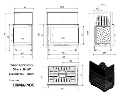 Топка OLIWIA/P/BS, Г-образное стекло справа Kratki (Польша)