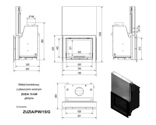 Топка с водяным контуром ZUZIA/PW/15/G/W, гильотина Kratki (Польша)