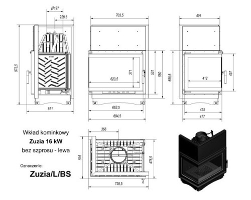 Топка ZUZIA/L/BS, Г-образное стекло слева Kratki (Польша)