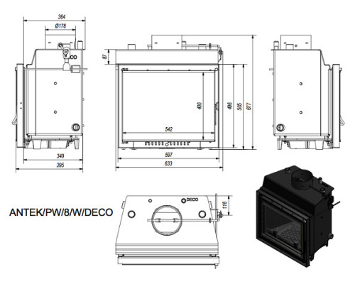 Топка с водяным контуром ANTEK/PW/8/W/DECO, змеевик Kratki (Польша)