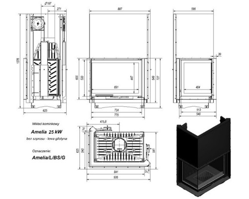 Топка AMELIA/L/BS/G, Г-образное стекло слева, гильотина Kratki (Польша)