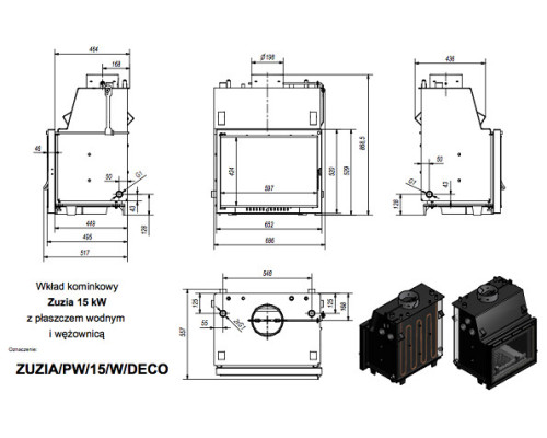 Топка с водяным контуром ZUZIA/PW/15/W/DECO, змеевик Kratki (Польша)
