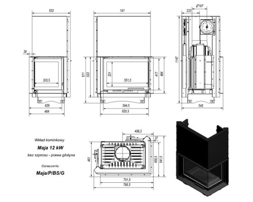 Топка MAJA/P/BS/G, Г-образное стекло справа, гильотина Kratki (Польша)