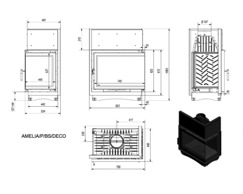 Топка AMELIA/P/BS/DECO, Г-образное стекло справа Kratki (Польша)