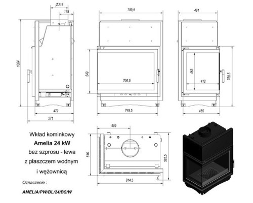 Топка с водяным контуром AMELIA/PW/BL/24/BS/W, Г-образное стекло слева, змеевик Kratki (Польша)