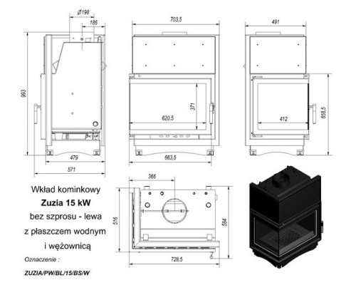 Топка с водяным контуром ZUZIA/PW/BL/15/BS/W, Г-образное стекло слева, змеевик Kratki (Польша)