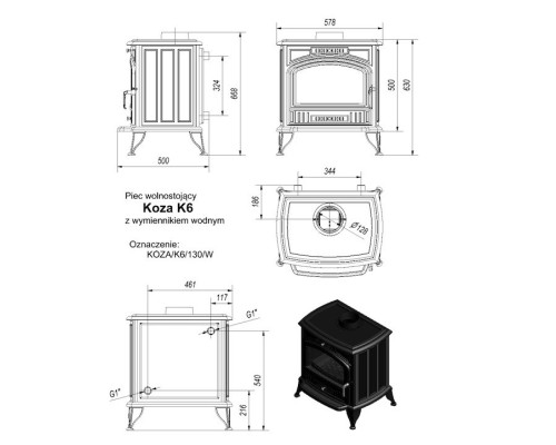 Чугунная печь Kratki Koza/K6/W (c вод.контуром) Kratki (Польша)